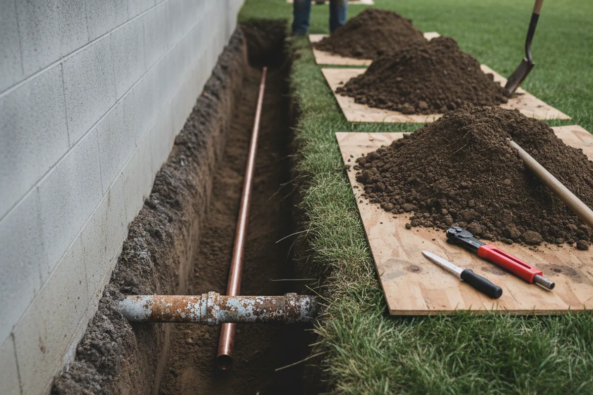 Excavated water line trench during Sewer Line Repair in Caledonia
